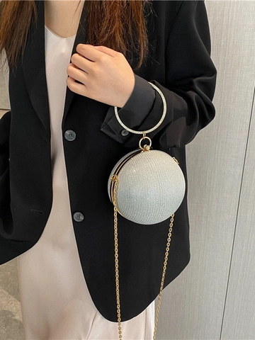 Borsa Da Sera Sferica Clutch Glitter Con Manico Ad Anello In Metallo Con Strass E Tracolla A Catena Per Festa Da Donna