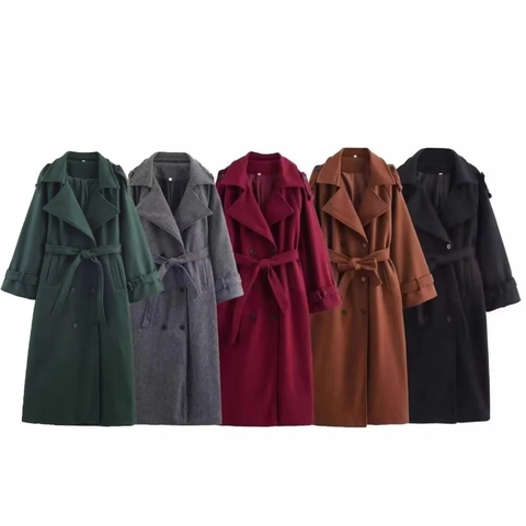 Women Woolen Overcoat Long Double Breasted Trench Coat With Belt Elegant Casual Solid Color Winter Jacket