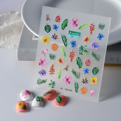 Nagelkunst Aufkleber 5D Geprägt Tropischer Regenwald Blumenblatt Selbstklebend Maniküre Dekoration Für Damen