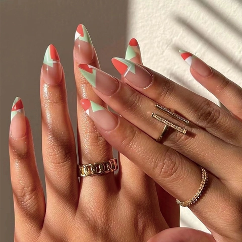 Uñas A Presión Largas Forma De Almendra Patrón Geométrico Bloque De Color Uñas Postizas Para Mujeres Moda Elegante