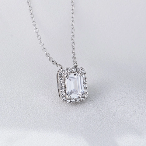 925 Sterling Silver Necklace For Women Elegant Emerald Cut Square Pendant Halo Rhinestone Inlaid Fashion Minimalist Jewelry Gift
