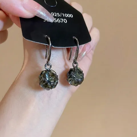 Pendientes Colgantes De Esfera Cristal Vintage Con Poste Plata De Ley 925 Envuelto Alambre Gris Gunmetal Joyas