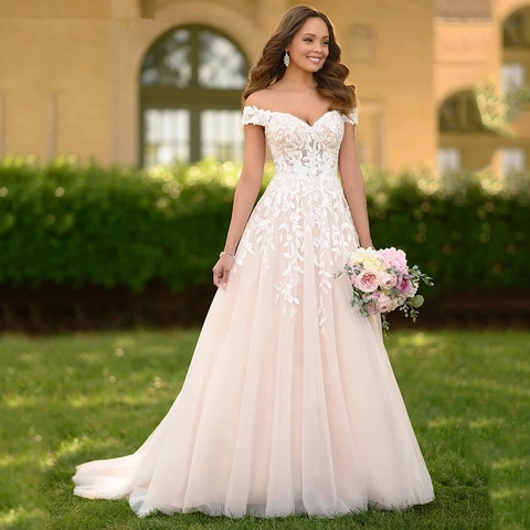 Off Shoulder Trouwjurk Kant Appliques A-Lijn Tule Kleine Sleep Elegante Bruidsjurk Dames