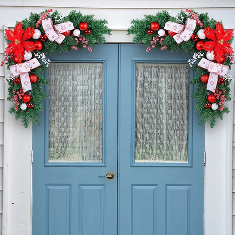 Ghirlanda ad Angolo per Porta di Natale a Forma di L in Aghi di Pino Artificiali Con Fiori di Stella di Natale Decorazione per Telaio Finestra Casa