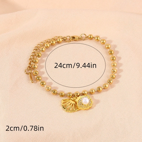 Pulsera De Acero Inoxidable Con Cuentas Redondas Y Colgante De Concha Hueca Para Mujer Joyería Elegante Chapada En Oro