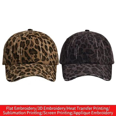 Leopard Print Baseball Cap Cotton Canvas Distressed Ripped Peaked Hat Adjustable Sunshade Streetwear Retro Unisex