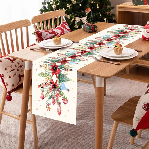 Christmas Table Runner Polyester Poinsettia Snowflake Nutcracker Print Holiday Dining Party Decoration Festive Style
