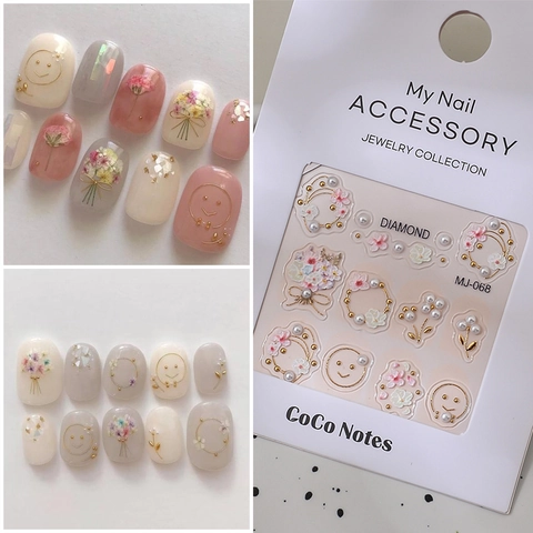 5D Embossed Nail Art Stickers Flower Artificial Pearl Rhinestone Self-Adhesive Manicure Decoration Elegant Style