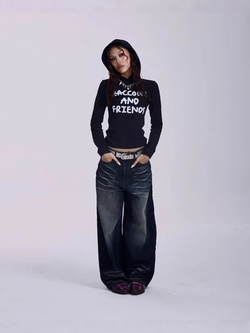 Women Hooded T-Shirt Cotton Blend Knitted Long Sleeve Slim Fit Letter Print Y2K American Vintage Streetwear Top