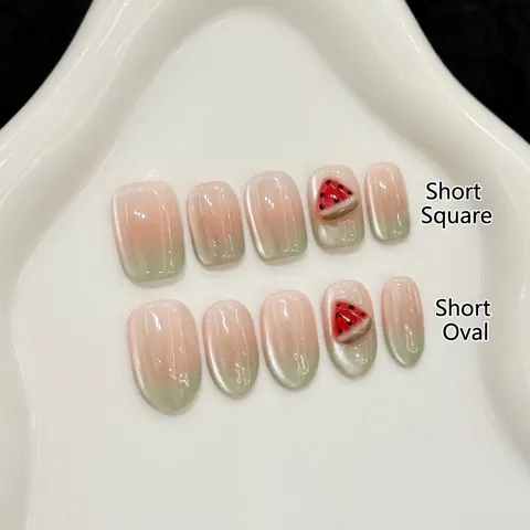 3D Watermelon Press On Nails Light Green Cat Eye Gradient Summer Fruit Style Short Square Oval Artificial Fake Nails