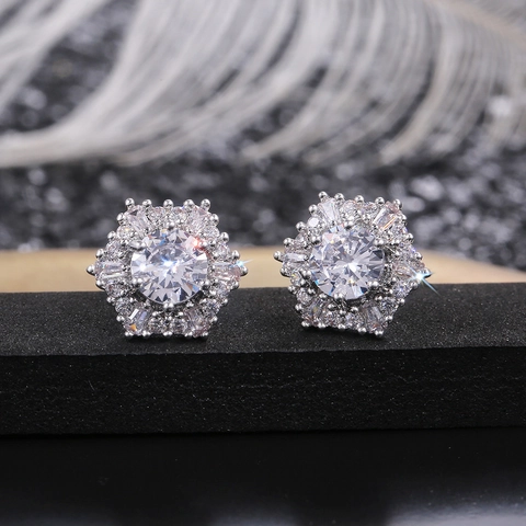 Luxury Hexagon Snowflake Stud Earrings Copper Electroplated Clear Zircon Geometric Jewelry For Women