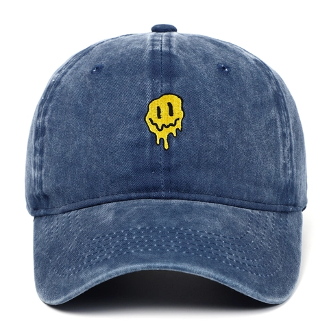 Washed Cotton Baseball Cap With Melting Smiley Face Embroidery Distressed Vintage Style Adjustable Outdoor Sun Hat