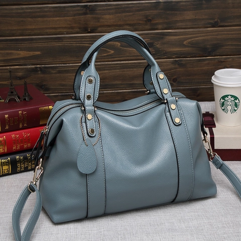 Boston Bag Damen PU Leder Litschi Muster Nieten Mode Schulter Crossbody Handtasche Große Kapazität Täglich