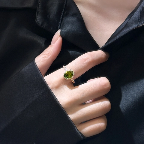 Elegant 18K Gold Plated Copper Ring With Oval Green Zircon Halo Setting Adjustable Open Finger Jewelry For Women