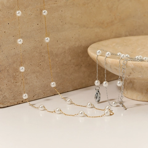 Collana Künstliche Perle Barocche Acciaio Inossidabile Catena Clavicola Gioielli Moda Eleganti Per Donna Regolabile Minimalista