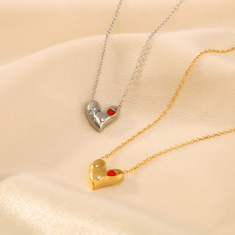 Heart Pendant Necklace Stainless Steel 18K Gold Plated Rhinestone Enamel Non-Tarnish Asymmetric Jewelry For Women