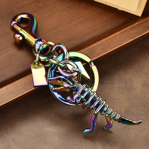 Cool Dinosaur Skeleton Keychain Alloy Rainbow Gold Silver Plated Bag Charm Creative Retro Dino Bone Key Ring For Women Men