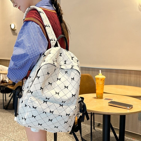 Corduroy Backpack For Girls Cute Bow Lattice Design Large Capacity School Bag Student Ribbon Casual Daypack