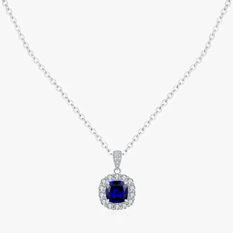 925 Sterling Silver Necklace For Women With Square Blue Cubic Zirconia Pendant Vintage British Luxury Jewelry Gift