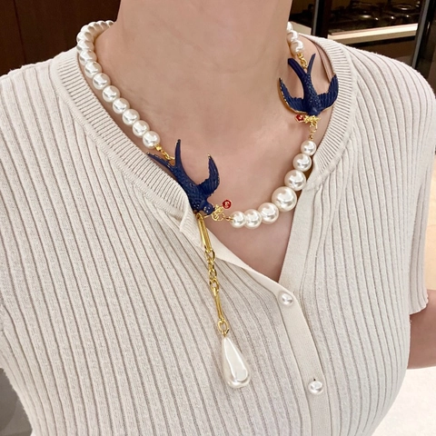 Vintage Blue Enamel Swallow Artificial Pearl Necklace And Earrings With Silver Earring Post Gold Tone Retro Elegant For Women