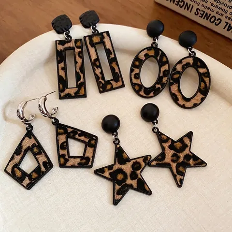 Orecchini Geometrici Con Stampa Leopardata Lega Ecopelle Rombo Stella Con Perno In Argento Sterling 925 Vintage Moda Donna