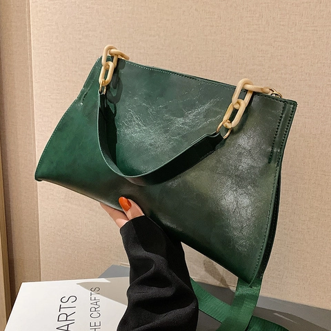 Bolso De Hombro Retro De Cuero PU Para Mujer Con Cadena De Acrílico Bolso De Mano Informal De Gran Capacidad