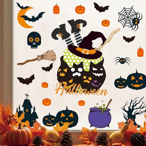 Adesivi Murali Halloween Zucca Pipistrello Strega PVC Decalcomanie Finestra Rimovibili Decorazione Casa Festa Fai Da Te Ornamento