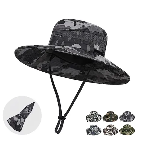 Outdoor Camouflage Sun Hat Wide Brim Breathable Mesh Polyester Boonie Hat For Hiking Fishing Foldable Adjustable Windproof String