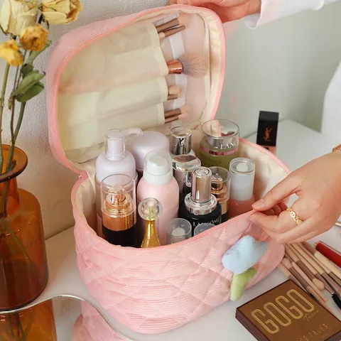 Borsa Per Trucco In Velluto A Coste Trapuntato Grande Capacità Organizzatore Cosmetico Fiore Tulipano Per Donne