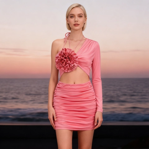 Vestito Mini In Raso Arricciato Monospalla Hollow Out Fiore 3D Bodycon Sexy Party Club Rosa Chic Vestito Asimmetrico