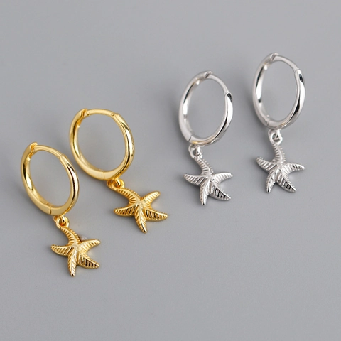 Boucles D Oreilles Créoles Huggie Étoile De Mer Argent Sterling 925 Style Plage Océan Bijoux Été Pour Femmes