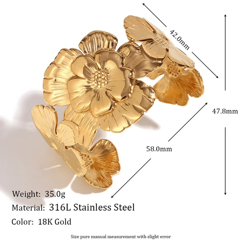 Brazalete Abierto De Flor Grande Exagerada Acero Inoxidable 316L Chapado En Oro De 18K Retro Floral Para Mujer