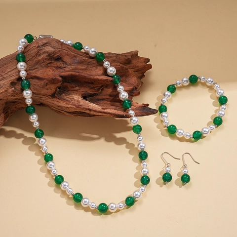 Collana Bracciale Orecchini Con Künstliche Perle Imitazione E Agata Verde Per Donna Stile Retrò Elegante Accessori Rame