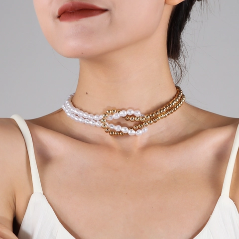 Double Layer Spliced Choker Necklace With White Imitation Artificial Pearl And Alloy Round Beads Cross Knot Design Fashion For Women