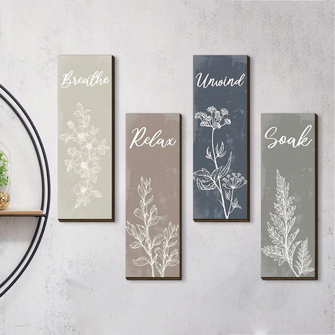Wooden Wall Plaque Wall Decor Poplar Wood Floral Line Art Motivational Breathe Relax Unwind Soak For Bathroom Living Room