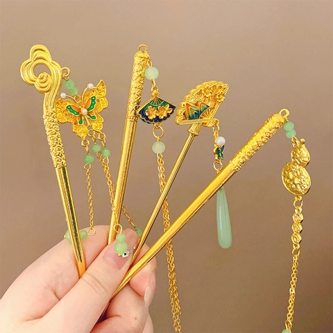 Bastoncino Per Capelli Stile Cinese Antico Lega Finta Giada Nappa Farfalla Ventaglio Accessori Hanfu Elegante