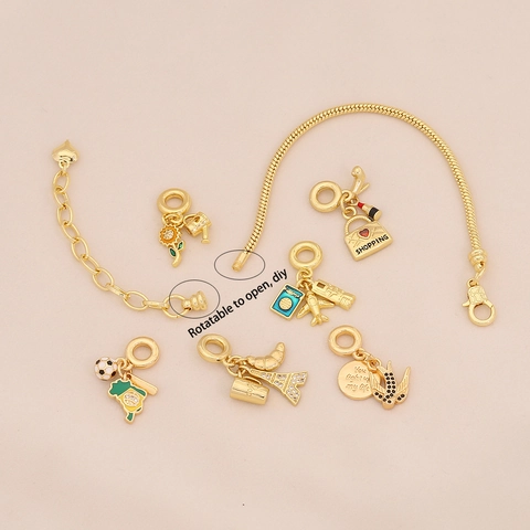 Fashionable Copper Charm Bracelet Snake Bone Chain With Travel Airplane Earth Pendants Enamel Rhinestone Jewelry For Women