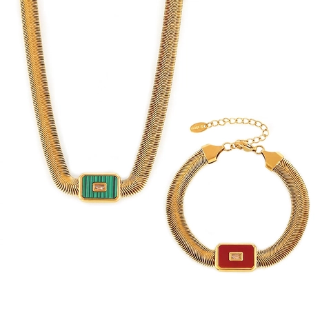 Collar Y Pulsera De Acero Inoxidable Chapado En Oro Colgante Rectangular Geométrico Incrustación De Vidrio Y Concha Joyería Para Mujeres