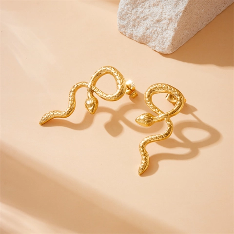 Stainless Steel Snake Stud Earrings Gold Plated Minimalist Animal Jewelry Realistic Scale Texture Personality For Women