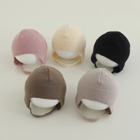 Baby Knit Hat Ear Protection Winter Warm Windproof Chin Strap Bonnet Beanie For Infants Newborns Solid Color