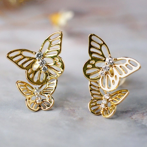 Butterfly Stud Earrings Brass Cubic Zirconia Double Layer Hollow Gold Color Elegant Fashion Jewelry For Women Girls