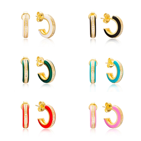 C Shaped Hoop Earrings Copper With 925 Sterling Silver Earring Post Enamel Zircon Geometric Luxury Jewelry For Women