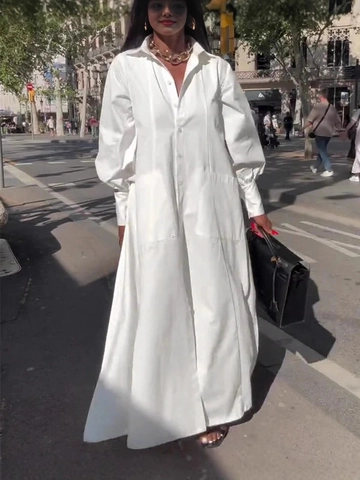 Maxi Shirt Dress Cotton Blend Long Lantern Sleeve Side Slit Loose Fit Solid White Button Down Casual Elegant For Women