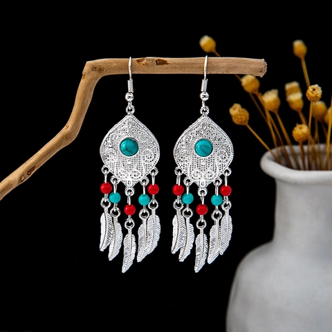 Bohemian Alloy Drop Earrings Stainless Steel Earring Post Turquoise Beads Feather Tassels Vintage Ethnic Jewelry Women