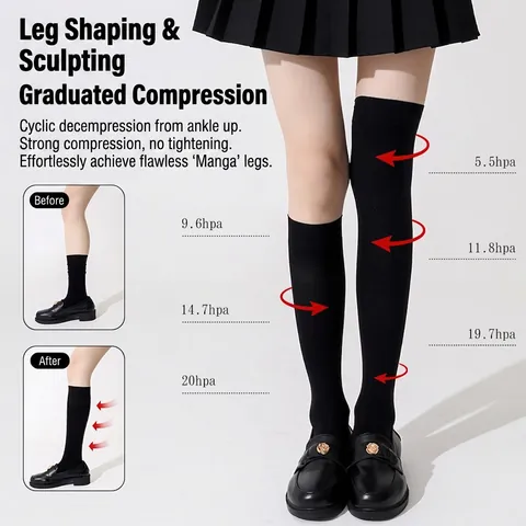 Compressiekousen Voor Dames Zwart Fluweel Nylon Afslankend Vormgevend Gegradueerde Druk Preppy Japanse Stijl