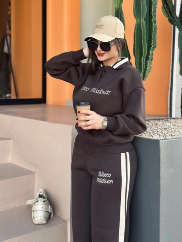Women Sweatshirt And Pants Polo Collar Long Sleeve Side Stripe Embroidery Lettering Retro Sporty Streetwear Brown Cotton