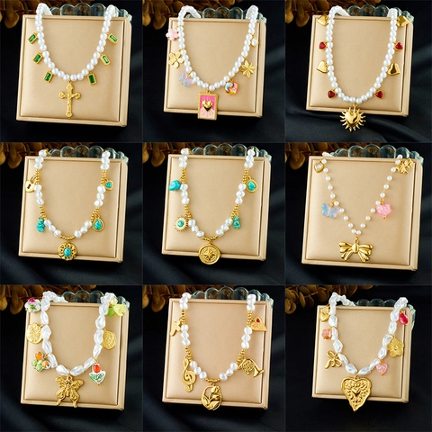Artificial Pearl Necklace Stainless Steel Heart Butterfly Bow Pendant Retro Choker For Women Fashion Trendy Jewelry