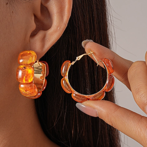 Vintage Amber Resin Hoop Earrings For Women Retro Geometric Brown Tortoiseshell Style Fashion Jewelry Gift