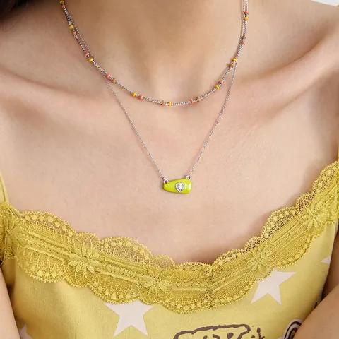 Trendige Messing Emaille Herz Anhänger Halskette Für Damen Doppelschicht Bunte Perlen Tropföl Ketten Dopamin Schmuck
