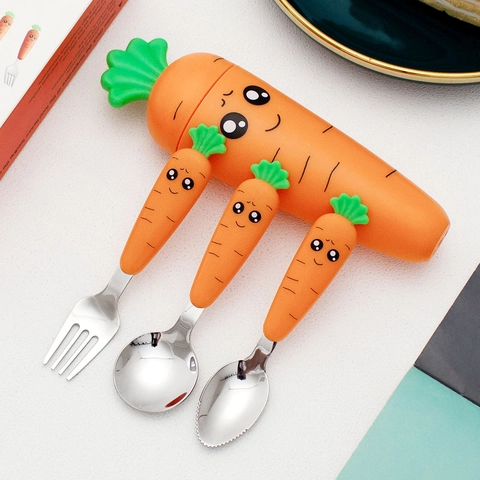 Carrot Cartoon Baby Cutlery 304 Stainless Steel Spoon Fork And Serrated Puree Spoon With Portable Case For Toddlers Feeding
